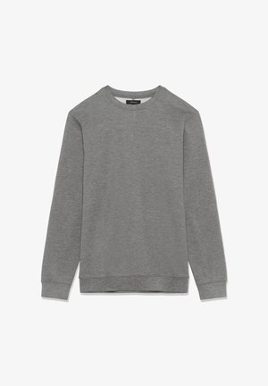 Szary sweter z okrągłym dekoltem, wykonany z miękkiego materiału. Posiada długie rękawy oraz ściągacze przy mankietach i u dołu, z prostym, eleganckim wzorem.