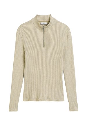 Pull beige à côtes avec manches longues et col zippé demi-longueur. Fabriqué en tissu doux, présentant une texture subtile et une coupe ajustée.