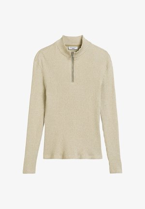 Beige ribgebreide pullover met lange mouwen en een halve ritssluiting. Gemaakt van zachte stof, met een subtiele textuur en een aangesloten ontwerp.