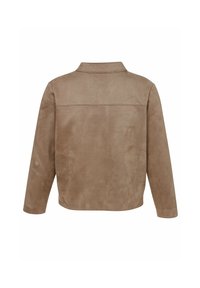 Braune Wildlederjacke mit Kragen, geradem Schnitt und langen Ärmeln. Verfügt über eine Rückenpasse und eine glatte, strukturierte Oberfläche.