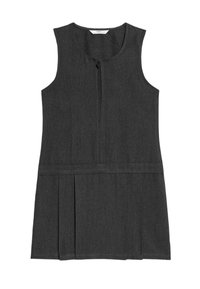 Vestido de tirantes sin mangas en gris oscuro con cremallera frontal y detalle de falda plisada, adecuado para uniforme escolar o vestimenta formal.