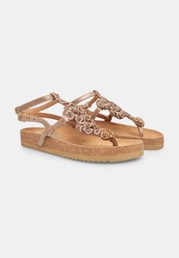 Ruske mat sandals z okrasnim trakom iz perlic, nastavljivo ankle zaponko in teksturiranim podplatom iz plute za dober oprijem.