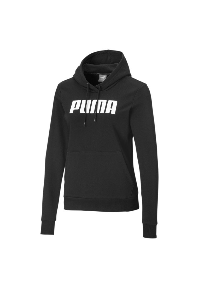 Sweat à capuche noir à manches longues, poche kangourou frontale, cordons et texte du logo "PUMA" blanc sur la poitrine.