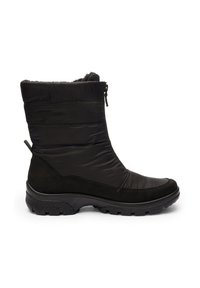 Black winter boot featuring a padded upper, zip closure, rubber sole, and suede accents. Lightweight design with a textured finish.
