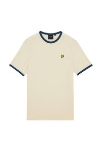 Cremefarvet bomulds T-shirt med marineblå ribkant ved kraven og ærmekanterne. Har et lille gult fuglelogo på venstre bryst.