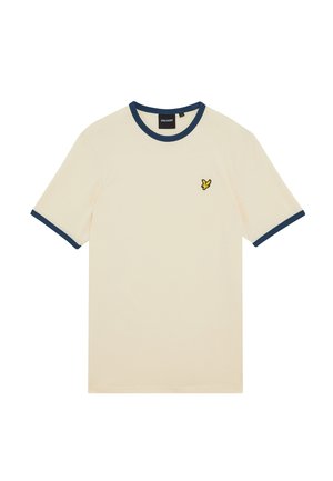 Cremfarbendes Baumwoll-T-Shirt mit navyblauem, geripptem Kragen und Ärmelbündchen. Mit kleinem gelben Vogel-Logo auf der linken Brustseite.