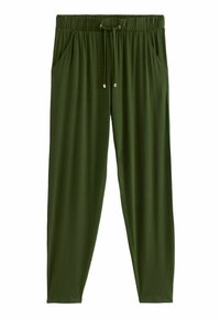 Zelené, lehké joggers kalhoty s elastickým pasem, stahovací šňůrkou, bočními kapsami a zúženými nohavicemi. Hladká textura s volným střihem.