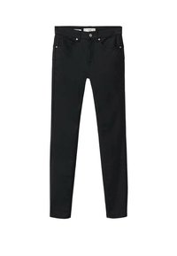 Zwarte denim jeans met een slim-fit ontwerp, vijf zakken, metalen knoopsluiting en subtiele stikdetails. Soepele textuur.