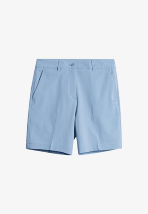 Pantaloni corti azzurri realizzati in tessuto liscio, con chiusura a bottone, passanti per la cintura e tasche laterali. Design semplice con davanti piatto.
