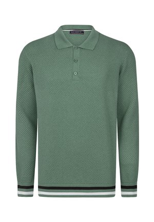 Sweter polo z długim rękawem w kolorze szałwiowym, o teksturowanym splocie, z plisą na trzy guziki oraz paskowanymi czarno-białymi mankietami i dołem.