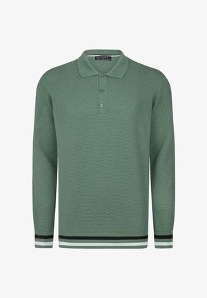 Jersey polo de punto texturizado verde salvia de manga larga con tapeta de tres botones y puños y bajo a rayas negras y blancas.
