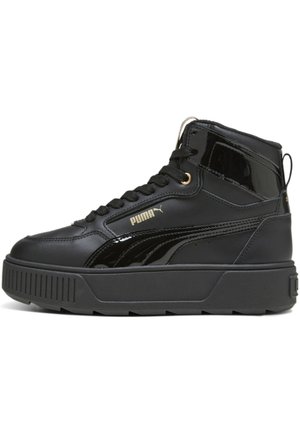 Schwarzer High-Top-Puma-Sneaker mit dicker Sohle, Schnürung vorne und glänzendem Streifendetail an der Seite.