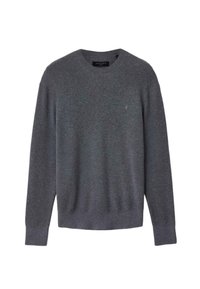 Maglione grigio lavorato a maglia con scollo rotondo, polsini e orlo a coste, con un piccolo logo sul petto a sinistra. Texture morbida e design aderente.