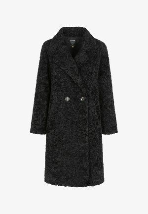Czarny płaszcz z sztucznego futra w podwójnym zapięciu, z dużymi klapami, srebrnymi guzikami i długimi rękawami, o fakturowanej powierzchni.