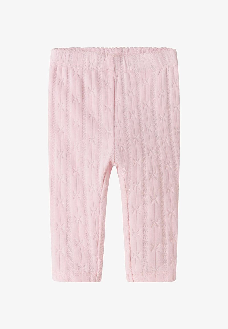Leggings pour bébé de couleur rose doux avec une ceinture élastique et un motif en tricot texturé de petits nœuds répartis sur tout le tissu.