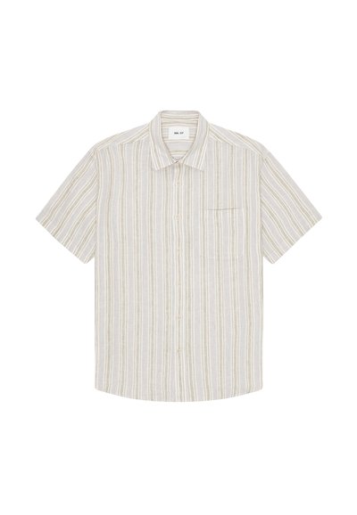 Short-sleeve button-up shirt with vertical beige, white, and light brown stripes and a chest pocket on the left side.