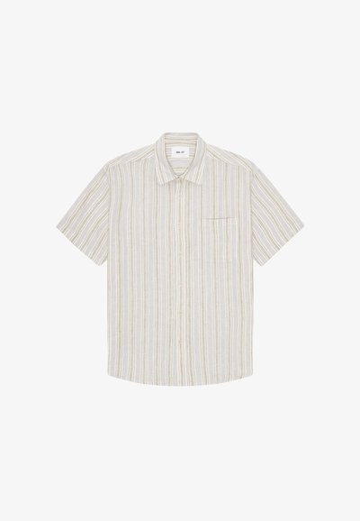 Short-sleeve button-up shirt with vertical beige, white, and light brown stripes and a chest pocket on the left side.