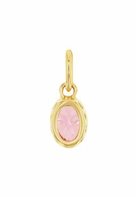 Guldfibul med en oval rosa ädelsten, inlagd i en texturerad ram med en slät ögla för fäste.