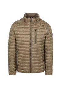 Khaki gewatteerde jas met hoge kraag, zijzakken met rits en horizontale stiksels. Heeft een borstzak met rits en een merkaccent.