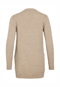Beige strikket cardigan, langermet, bakfra sett, har en rund hals, to sidelommer, og ribbet mansjetter og fald. Myk tekstur.