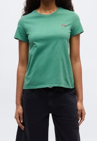 Personne portant un t-shirt vert à manches courtes avec un petit logo rouge Levi's et un pantalon noir ample sur un fond clair uni.