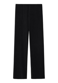 Pantalon noir à jambes larges avec une texture côtelée verticale et une taille élastique, présenté à plat sur un fond blanc.