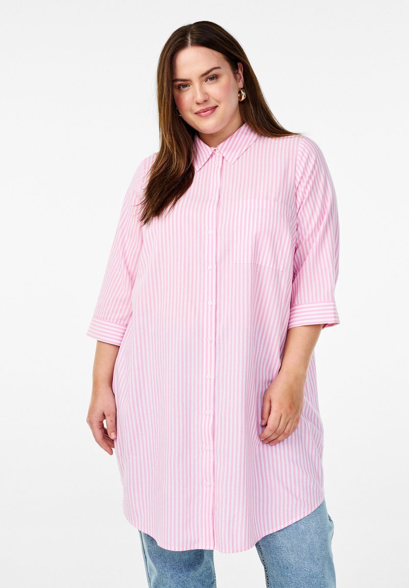 Zizzi LANGES GESTREIFTES MIT 3/4 ÄRMELN - Paitamekko - begonia p.wh.stripe