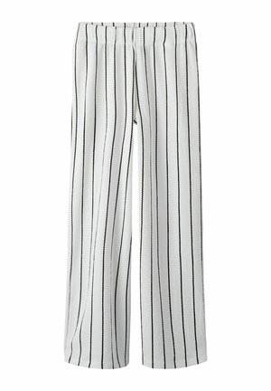 Pantalon large blanc avec des rayures verticales noires. Dispose d'une taille élastique et d'un tissu texturé pour le confort.