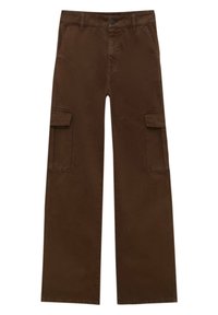 Pantalon cargo marron à jambes larges avec poches à rabat latérales et fermeture à boutons sur le devant, présenté à plat sur fond blanc.