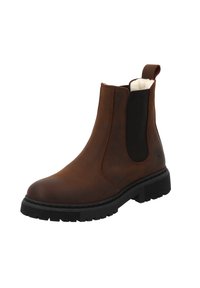 Brązowe skórzane botki Chelsea z elastycznymi panelami bocznymi, teksturowaną czarną gumową podeszwą i pętelką przy pięcie. Wnętrze wykończone miękkim materiałem.
