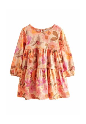Robe fleurie à manches longues, à volants, avec un col rond. Confectionnée en tissu doux aux couleurs pastel, ornée de motifs floraux orange, rose et marron.