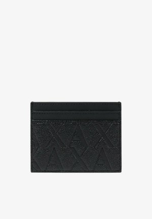 Portafoglio in pelle nera con motivo in rilievo. Texture liscia, dotato di quattro scomparti per carte, design minimalista e accenti di cucitura discreti.