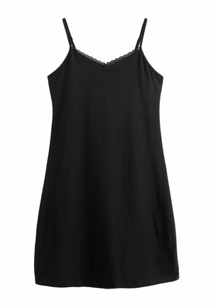 Black slip dress made of soft fabric, featuring adjustable straps and a lace trim along the neckline. Straight silhouette with no patterns.