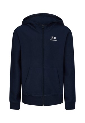 Felpa con zip color navy realizzata in un misto cotone, dotata di tasca frontale, polsini a costine e logo sul petto a sinistra. Texture liscia.
