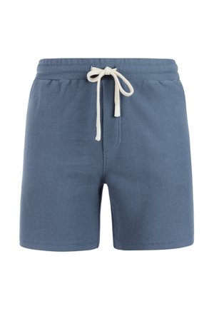 Blauwe, gestructureerde stoffen korte broek met witte trekkoord en elastische tailleband, steekzakken aan de voorkant, knielange snit en rechte zoom.