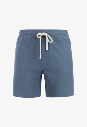 Blauwe, gestructureerde stoffen korte broek met witte trekkoord en elastische tailleband, steekzakken aan de voorkant, knielange snit en rechte zoom.