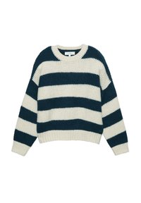 Maglione grosso a maglia con ampie righe orizzontali blu navy e bianche, colletto a girocollo e polsini e orlo a coste.