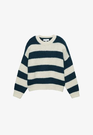 Pletena džemper sa širokim horizontalnim plavim i bijelim prugama, okruglim izrezom, i rebrastim manžetama i donjim rubom.