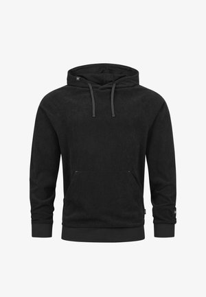 Czarna bluza z korduroy z kieszenią z przodu, regulowanymi sznurkami, ściągaczami oraz miękką fakturą. Prosty design bez widocznych wzorów.