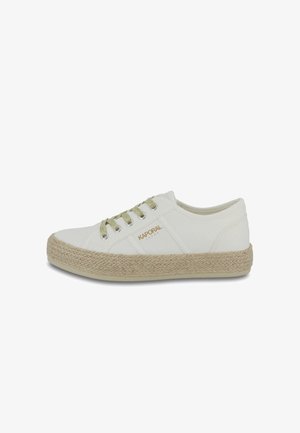 White canvas sneaker with woven jute sole, green laces, and gold logo detailing. Features rounded toe and low-top design.