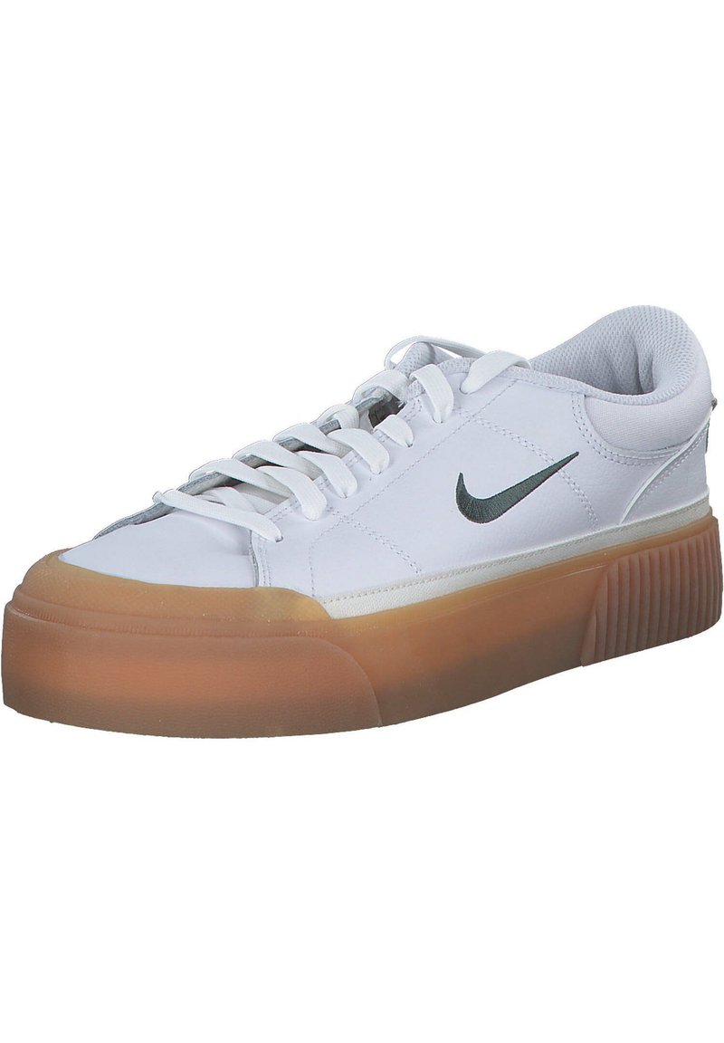 Zapatillas Nike blancas con suela de goma texturizada, punta redondeada y logo Swoosh en gris. El diseño incluye cordones y un cuello acolchado para mayor comodidad.
