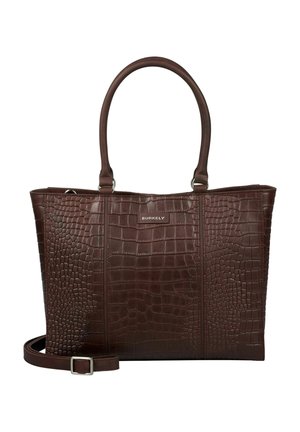 Borsa a mano in pelle marrone scuro con texture cocodrillo, due manici, una tracolla regolabile e una piccola placca del logo "Burkely".