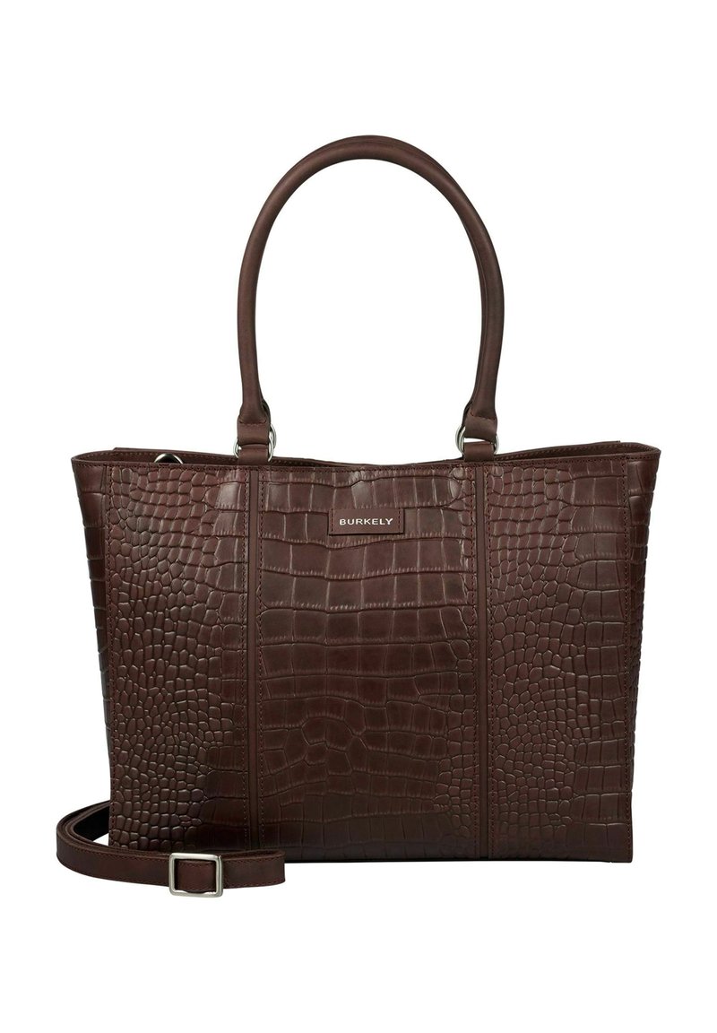 Sac à main en cuir brun foncé avec texture crocodile, deux poignées, une bandoulière réglable et une petite plaque logo "Burkely".