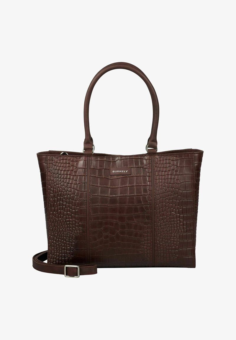 Borsa a mano in pelle marrone scuro con texture cocodrillo, due manici, una tracolla regolabile e una piccola placca del logo "Burkely".