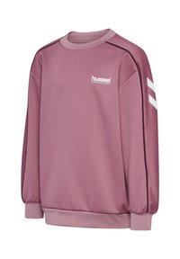 Roze sweatshirt met ronde hals, lange mouwen, ribgebreide boorden en zoom. Bevat een wit logo en chevron strepen op de mouwen, gemaakt van gladde stof.