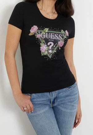 Zwarte nauwsluitende T-shirt met een bloemenontwerp van strasstenen en het merklogo in het midden, korte mouwen en een ronde halslijn.