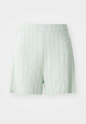 Mint green shorts made of smooth fabric, featuring vertical pinstripes and a fitted waist with subtle branding detail.
