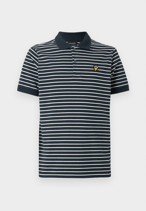 Polo azul marino con rayas horizontales blancas, manga corta, dos botones, cuello y un pequeño logo de un pájaro amarillo en el pecho.