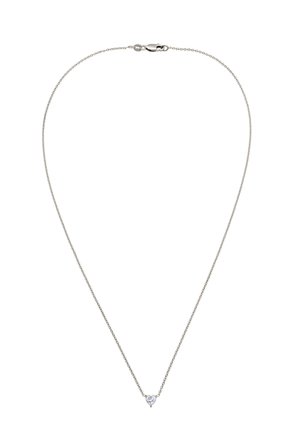 Silver chain necklace with a small heart-shaped clear gemstone pendant and a lobster clasp closure.