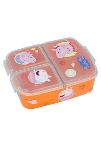 Boîte à déjeuner en plastique orange avec quatre compartiments. Présente des personnages et des motifs de Peppa Pig. Couvercle transparent avec des côtés verrouillables.